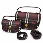 Burberry Highlands Vintage Check Saddle Crossbody Bag Set | Half-Moon Shoulder Bag with Detachable Strap - Mahogany Brown