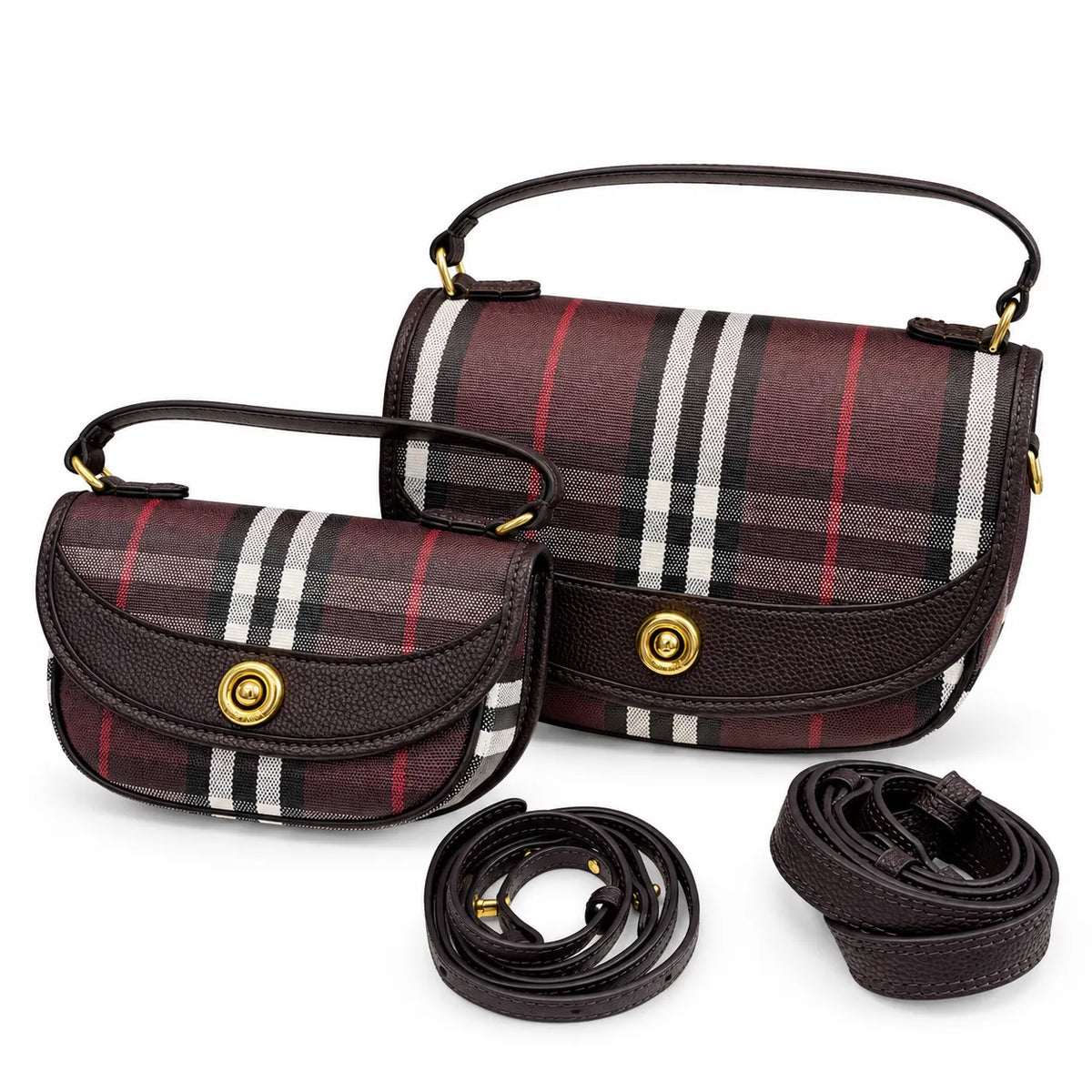 Burberry Highlands Vintage Check Saddle Crossbody Bag Set | Half-Moon Shoulder Bag with Detachable Strap - Mahogany Brown