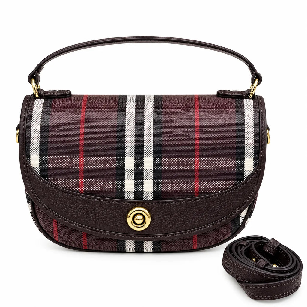 Burberry Highlands Vintage Check Saddle Crossbody Bag Set | Half-Moon Shoulder Bag with Detachable Strap - Mahogany Brown