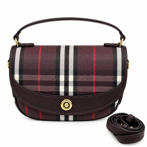 Burberry Highlands Vintage Check Saddle Crossbody Bag Set | Half-Moon Shoulder Bag with Detachable Strap - Mahogany Brown