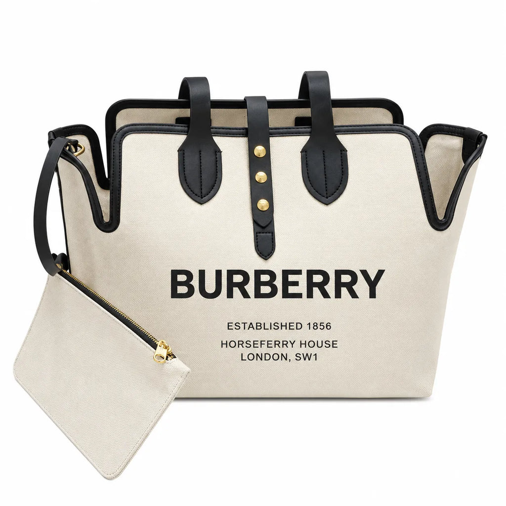 Burberry Horseferry Large Canvas Tote Bag with Pouch | Logo Printed Shopper Shoulder Bag — Natural/Black
