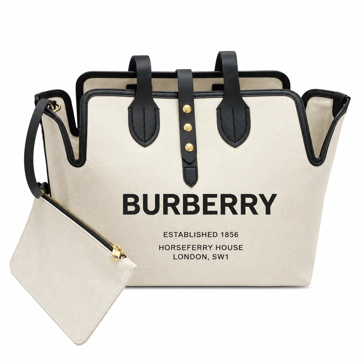 Burberry Horseferry Large Canvas Tote Bag with Pouch | Logo Printed Shopper Shoulder Bag — Natural/Black