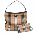 Burberry Nova Check Hobo Shoulder Bag with Matching Wristlet Pouch | Classic Canvas Leather Underarm Bag — Haymarket Beige