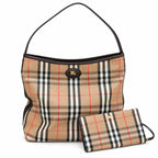 Burberry Nova Check Hobo Shoulder Bag with Matching Wristlet Pouch | Classic Canvas Leather Underarm Bag — Haymarket Beige