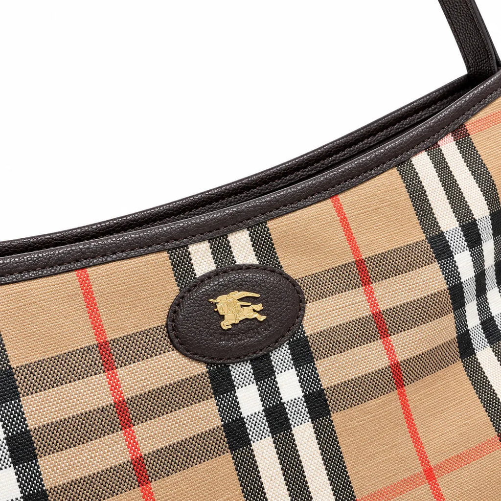 Burberry Nova Check Hobo Shoulder Bag with Matching Wristlet Pouch | Classic Canvas Leather Underarm Bag — Haymarket Beige