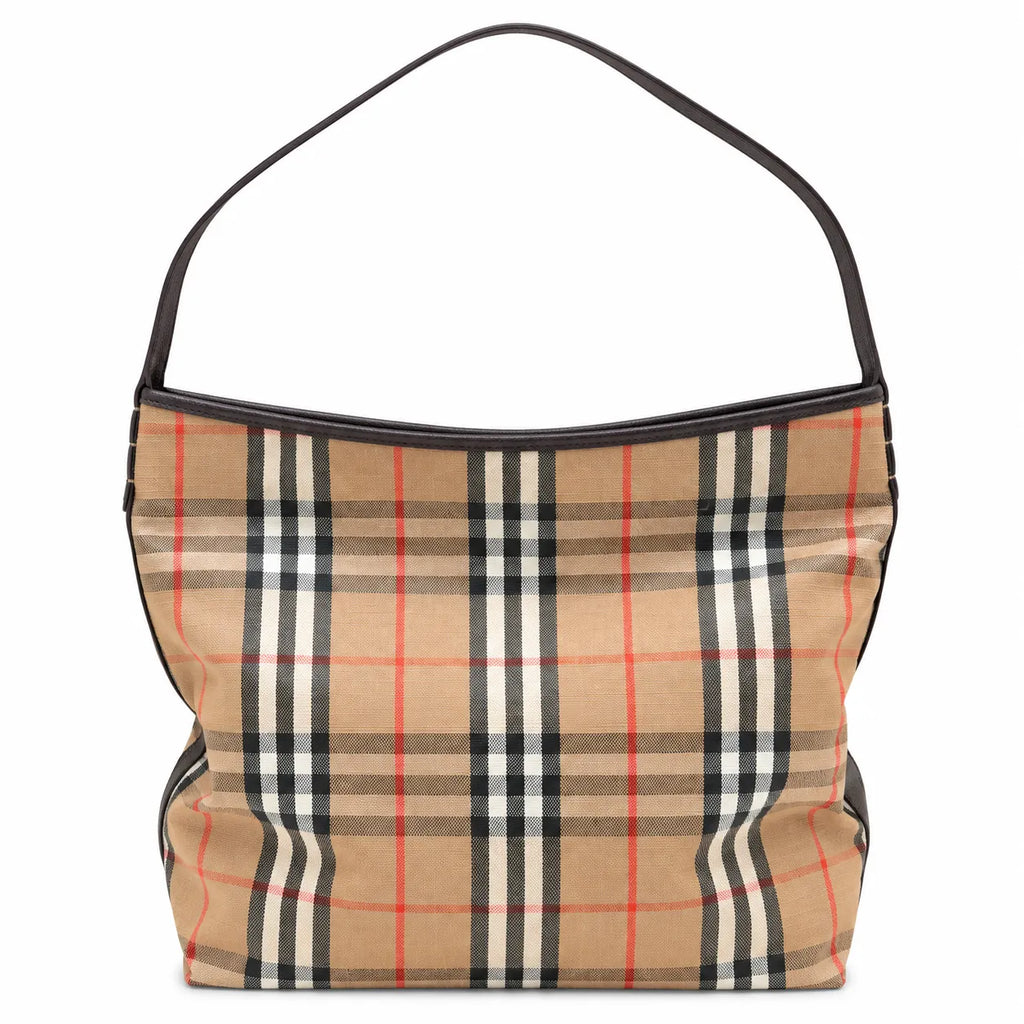 Burberry Nova Check Hobo Shoulder Bag with Matching Wristlet Pouch | Classic Canvas Leather Underarm Bag — Haymarket Beige
