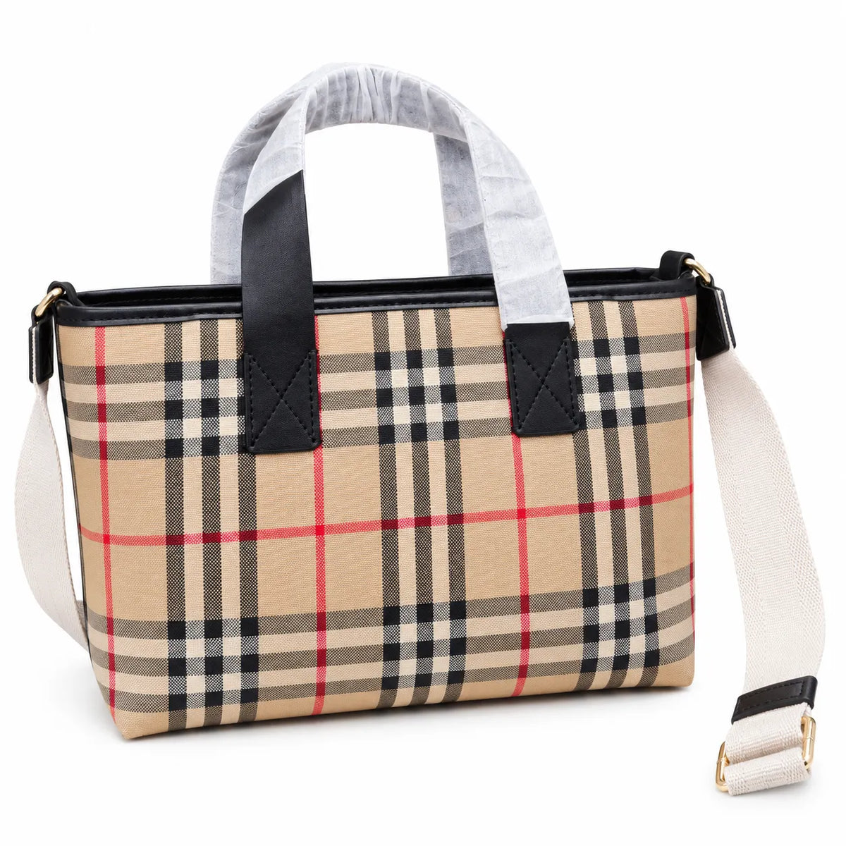 Burberry Vintage Check Mini Tote Bag | Canvas Leather Top Handle Crossbody Bag with Fabric Strap
