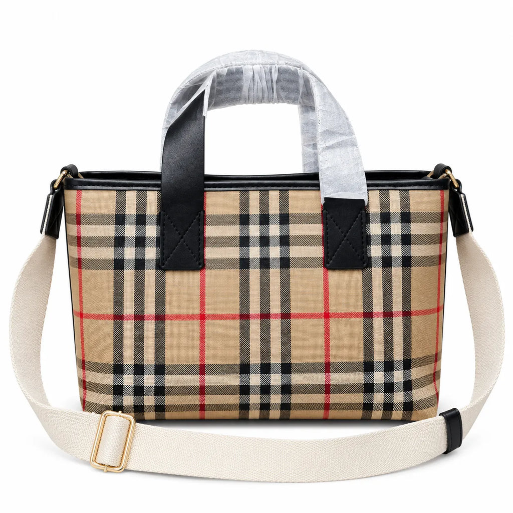 Burberry Vintage Check Mini Tote Bag | Canvas Leather Top Handle Crossbody Bag with Fabric Strap