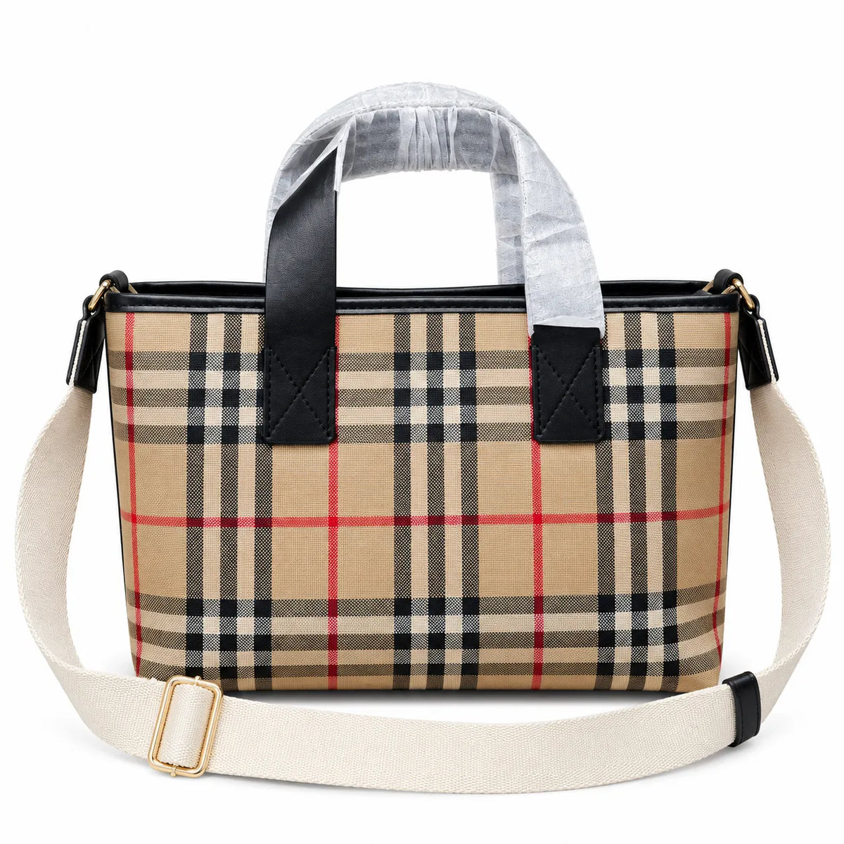 Burberry Vintage Check Mini Tote Bag | Canvas Leather Top Handle Crossbody Bag with Fabric Strap