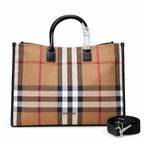 Burberry Classic Check Large Canvas Tote Bag | Unisex Leather Handle Shoulder Bag with Fabric Strap — Birch Brown