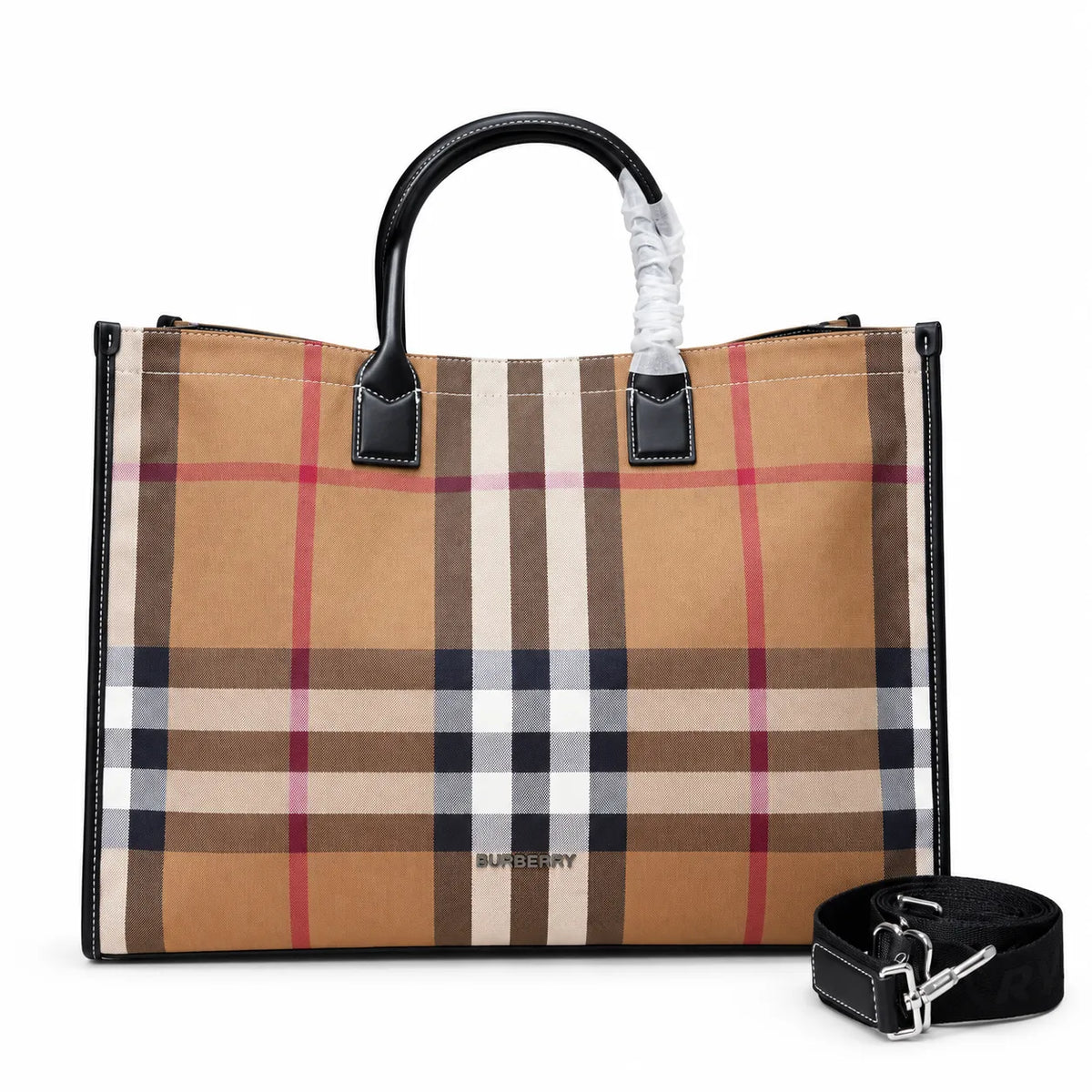 Burberry Classic Check Large Canvas Tote Bag | Unisex Leather Handle Shoulder Bag with Fabric Strap — Birch Brown
