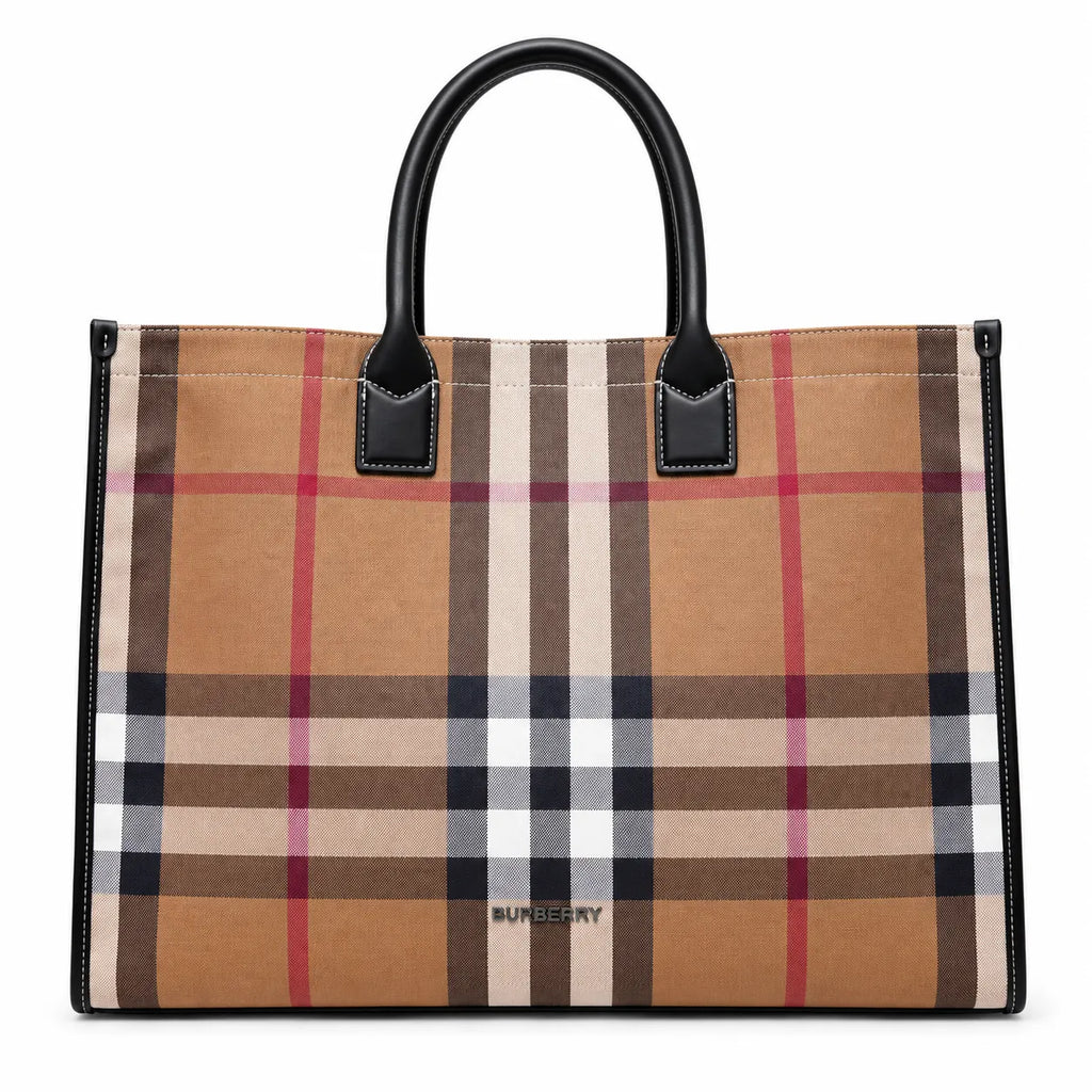 Burberry Classic Check Large Canvas Tote Bag | Unisex Leather Handle Shoulder Bag with Fabric Strap — Birch Brown