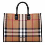 Burberry Classic Check Large Canvas Tote Bag | Unisex Leather Handle Shoulder Bag with Fabric Strap — Birch Brown