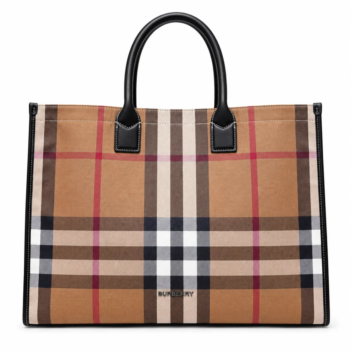 Burberry Classic Check Large Canvas Tote Bag | Unisex Leather Handle Shoulder Bag with Fabric Strap — Birch Brown