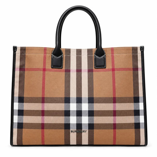 Burberry Classic Check Large Canvas Tote Bag | Unisex Leather Handle Shoulder Bag with Fabric Strap — Birch Brown