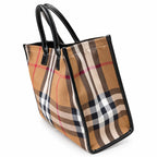 Burberry Classic Check Large Canvas Tote Bag | Unisex Leather Handle Shoulder Bag with Fabric Strap — Birch Brown
