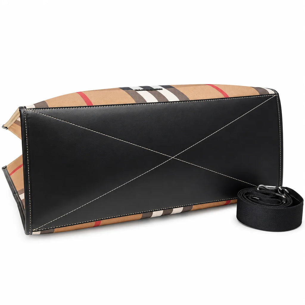 Burberry Classic Check Large Canvas Tote Bag | Unisex Leather Handle Shoulder Bag with Fabric Strap — Birch Brown