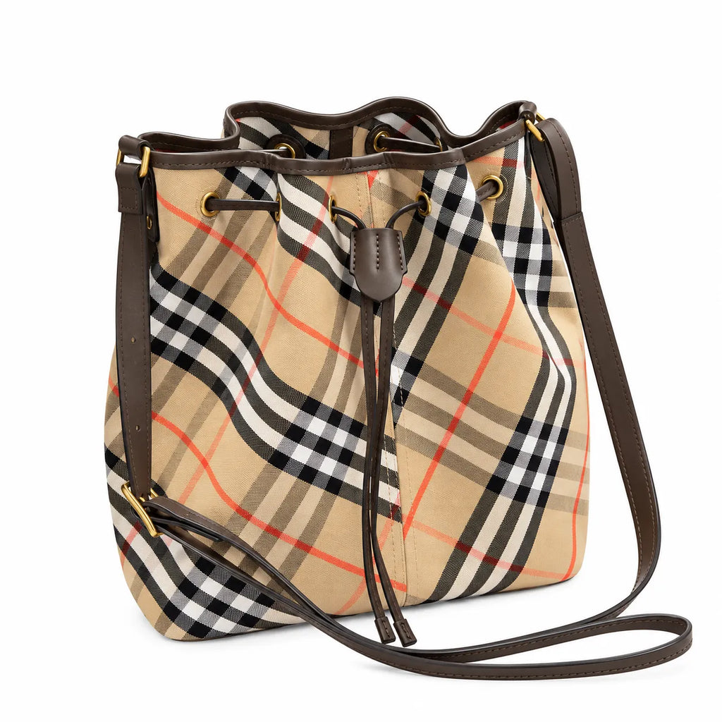 Burberry Vintage Check Drawstring Bucket Bag | Canvas Leather Shoulder Crossbody Bag — Archive Beige