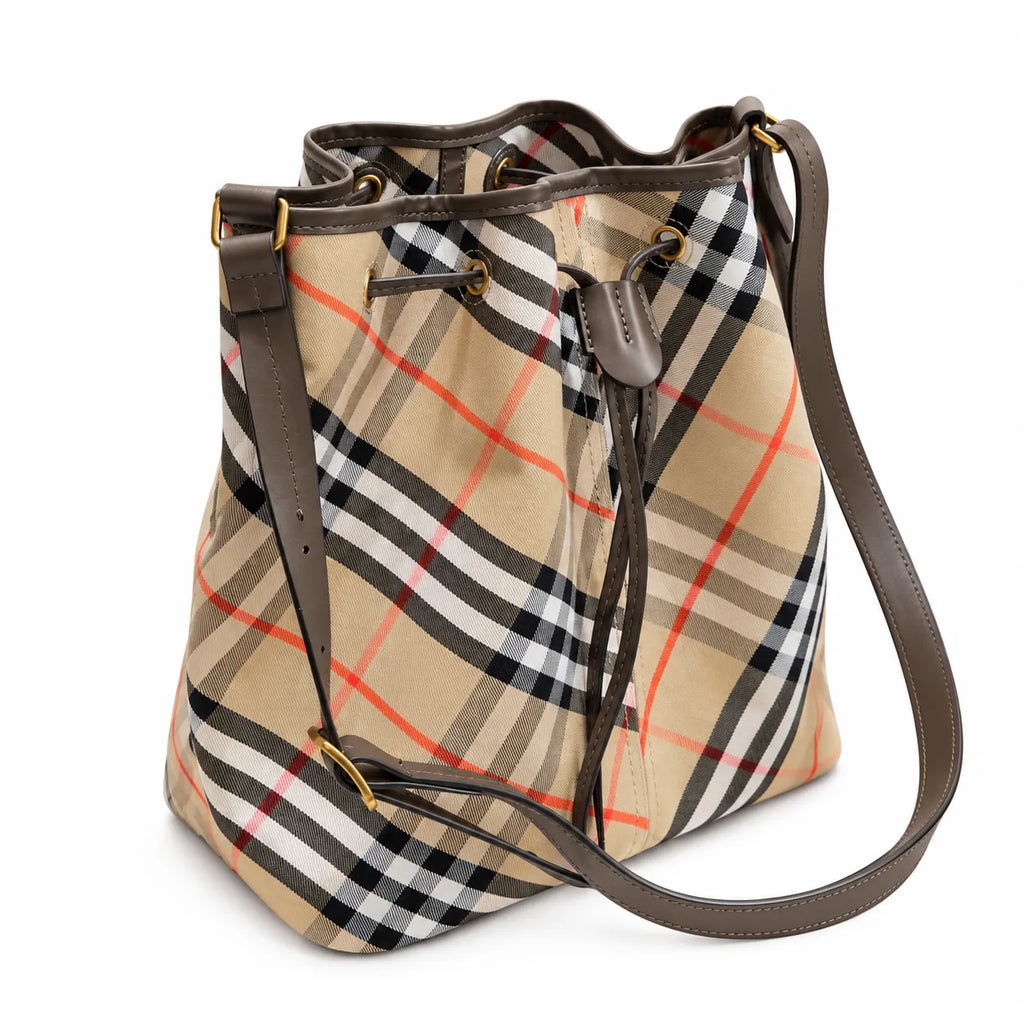 Burberry Vintage Check Drawstring Bucket Bag | Canvas Leather Shoulder Crossbody Bag — Archive Beige