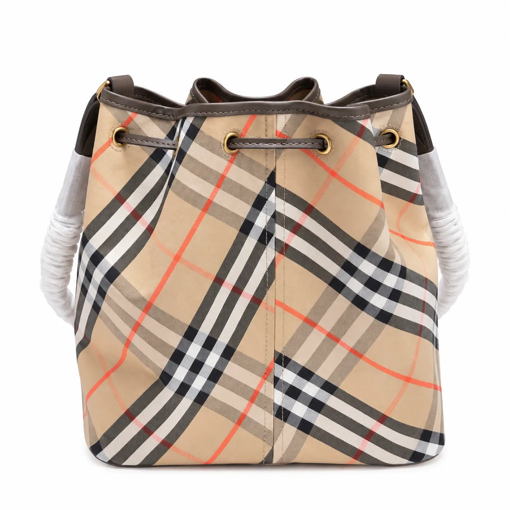 Burberry Vintage Check Drawstring Bucket Bag | Canvas Leather Shoulder Crossbody Bag — Archive Beige