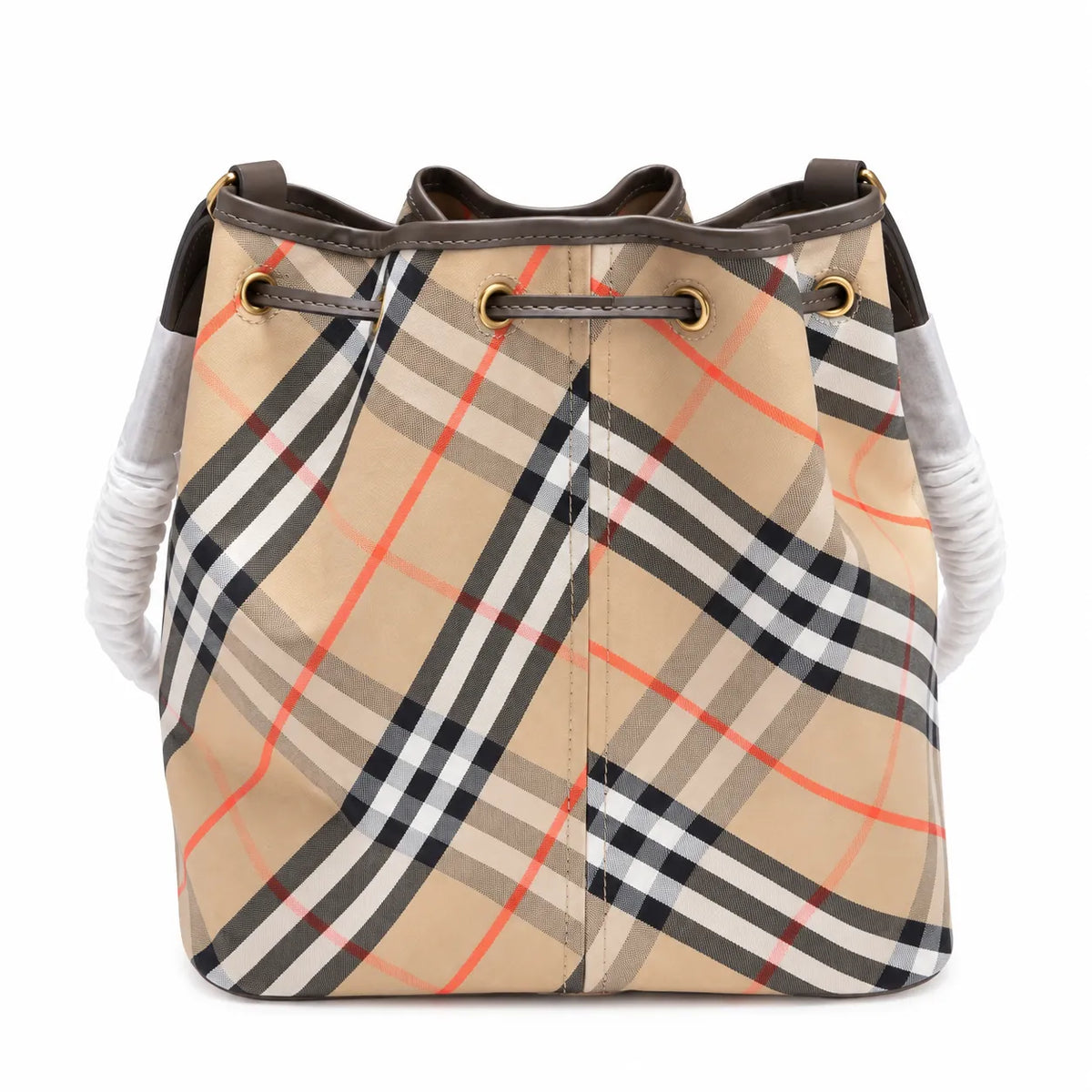 Burberry Vintage Check Drawstring Bucket Bag | Canvas Leather Shoulder Crossbody Bag — Archive Beige