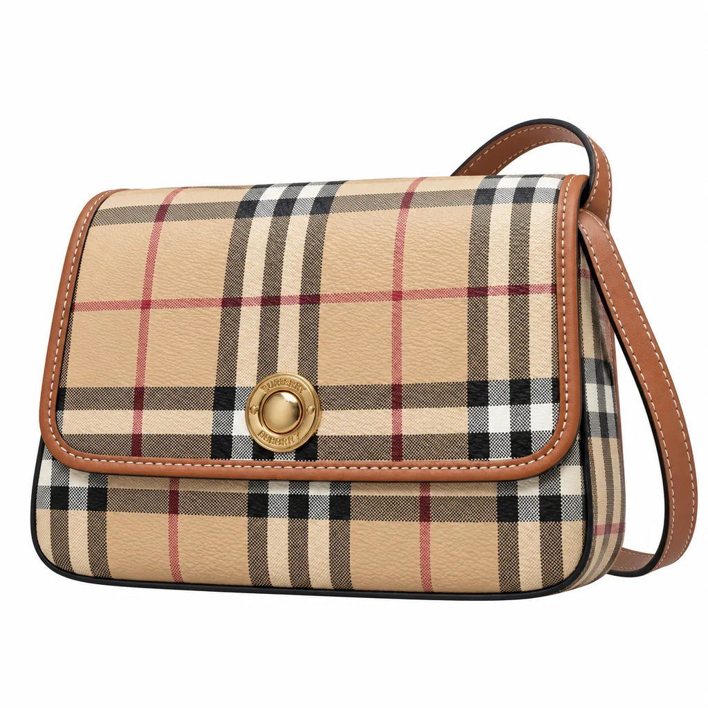 Burberry Vintage Check Hampshire Bag | Tartan Canvas & Leather Crossbody Camera Bag — Archive Beige/Tan