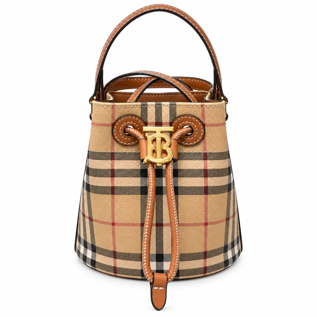 Burberry Mini Vintage Check Bucket Bag | TB Monogram Lock Drawstring Crossbody — Archive Beige/Briar Brown