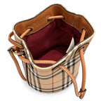 Burberry Mini Vintage Check Bucket Bag | TB Monogram Lock Drawstring Crossbody — Archive Beige/Briar Brown