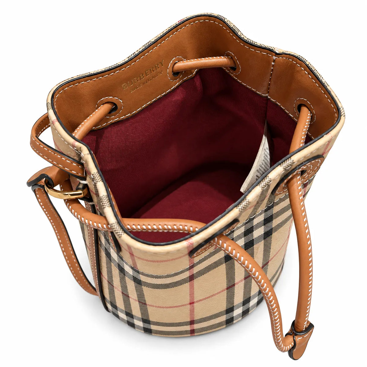 Burberry Mini Vintage Check Bucket Bag | TB Monogram Lock Drawstring Crossbody — Archive Beige/Briar Brown