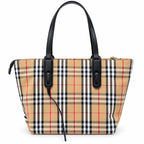 Burberry Classic Vintage Check Coated Canvas Tote Bag Black Leather Trim | Small/Medium Zip Top Shoulder Bag Women's