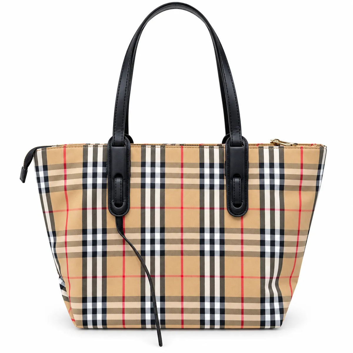 Burberry Classic Vintage Check Coated Canvas Tote Bag Black Leather Trim | Small/Medium Zip Top Shoulder Bag Women's