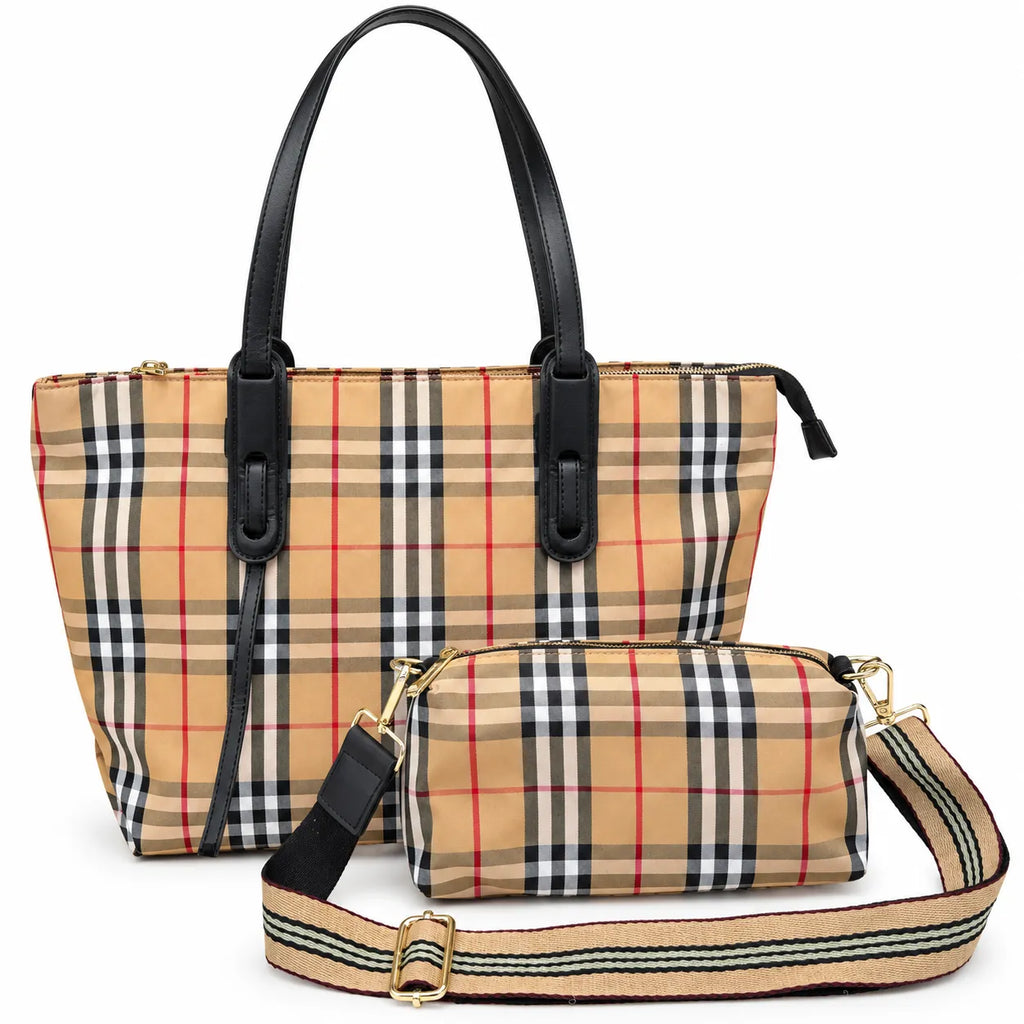 Burberry Classic Vintage Check Coated Canvas Tote Bag Black Leather Trim | Small/Medium Zip Top Shoulder Bag Women's