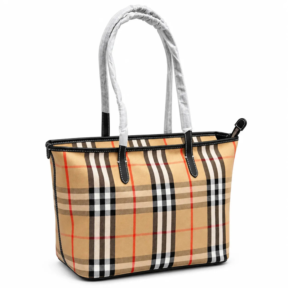 Burberry Small Vintage Check Zip Tote Bag Archive Beige | Black Calfskin Leather & Contrast White Stitching Mini Shopper Women's