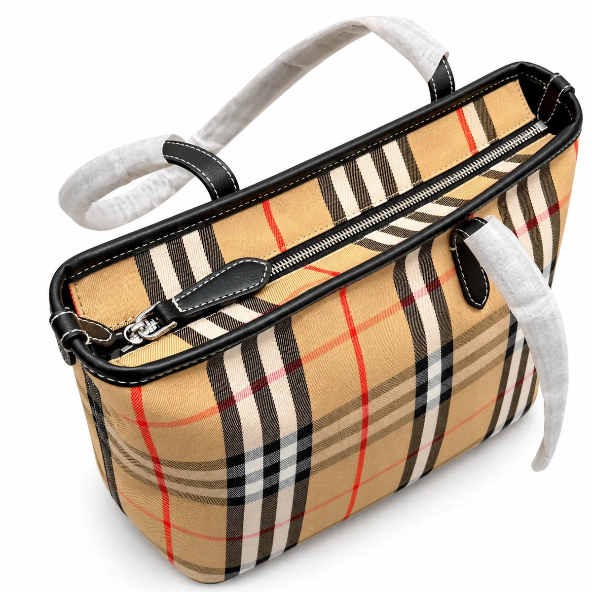 Burberry Small Vintage Check Zip Tote Bag Archive Beige | Black Calfskin Leather & Contrast White Stitching Mini Shopper Women's