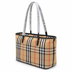 Burberry Small Vintage Check Zip Tote Bag Archive Beige | Black Calfskin Leather & Contrast White Stitching Mini Shopper Women's