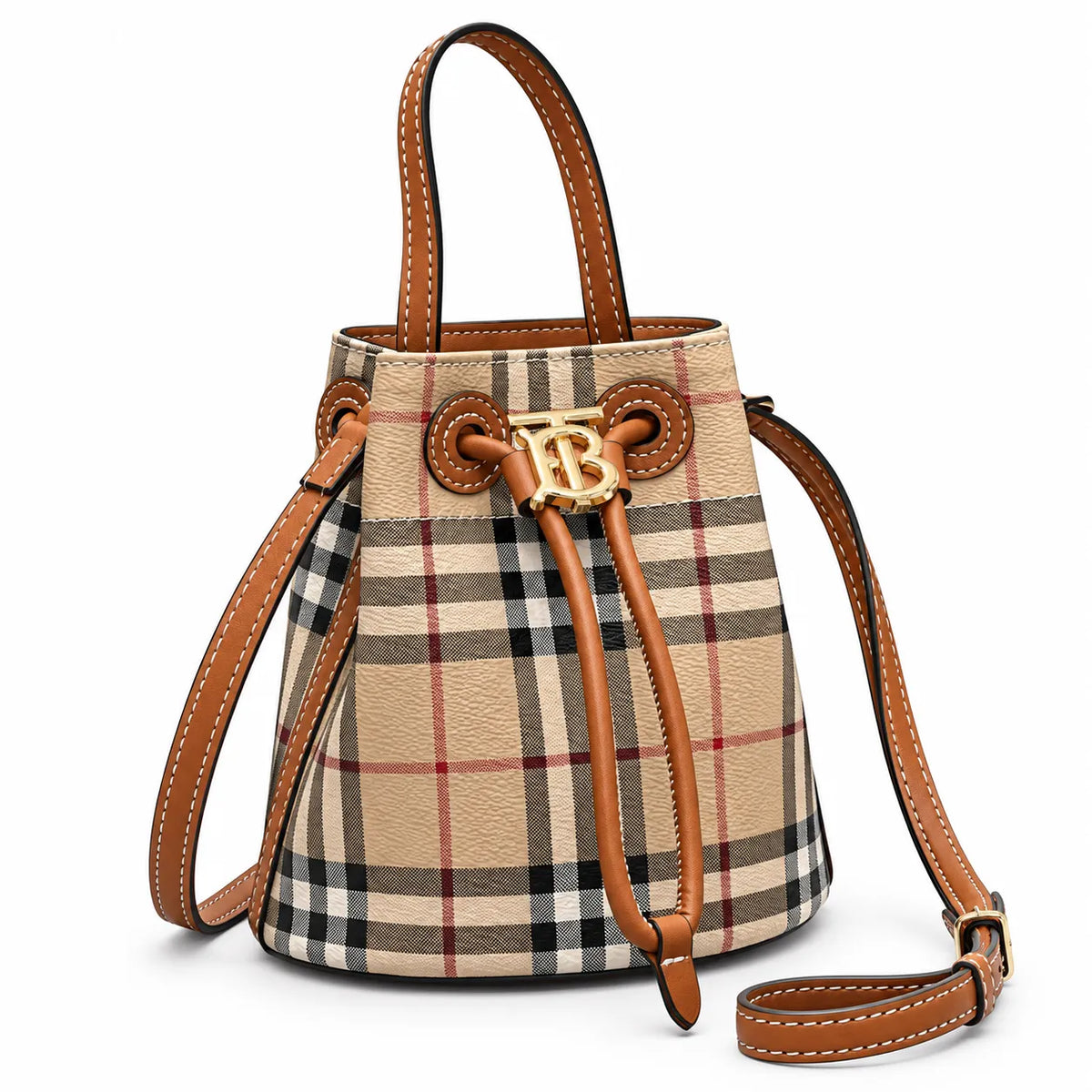 Burberry Mini Vintage Check Bucket Bag Archive Beige | TB Monogram Drawstring Calfskin Leather Mini Shoulder Crossbody Bag Women's