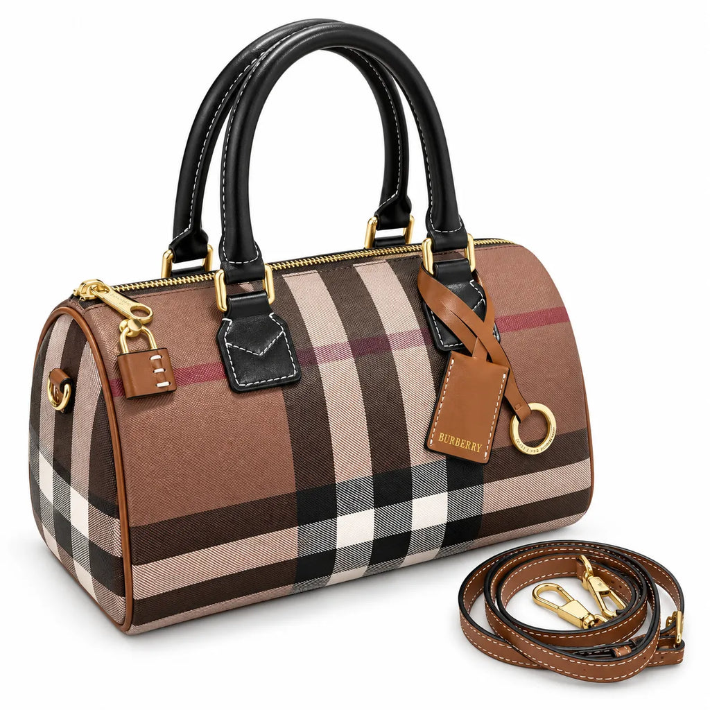 Burberry Mini Boston Bowling Bag Deep Birch Brown Check | Black Calfskin Leather Handle Adjustable Strap Luxury Handbag Women's