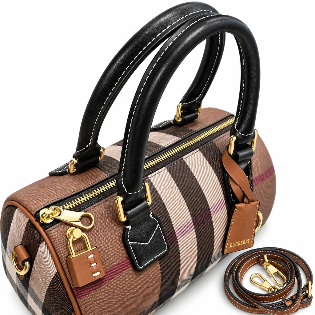 Burberry Mini Boston Bowling Bag Deep Birch Brown Check | Black Calfskin Leather Handle Adjustable Strap Luxury Handbag Women's