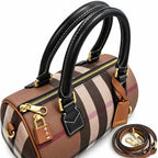 Burberry Mini Boston Bowling Bag Deep Birch Brown Check | Black Calfskin Leather Handle Adjustable Strap Luxury Handbag Women's