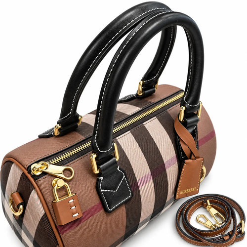 Burberry Mini Boston Bowling Bag Deep Birch Brown Check | Black Calfskin Leather Handle Adjustable Strap Luxury Handbag Women's