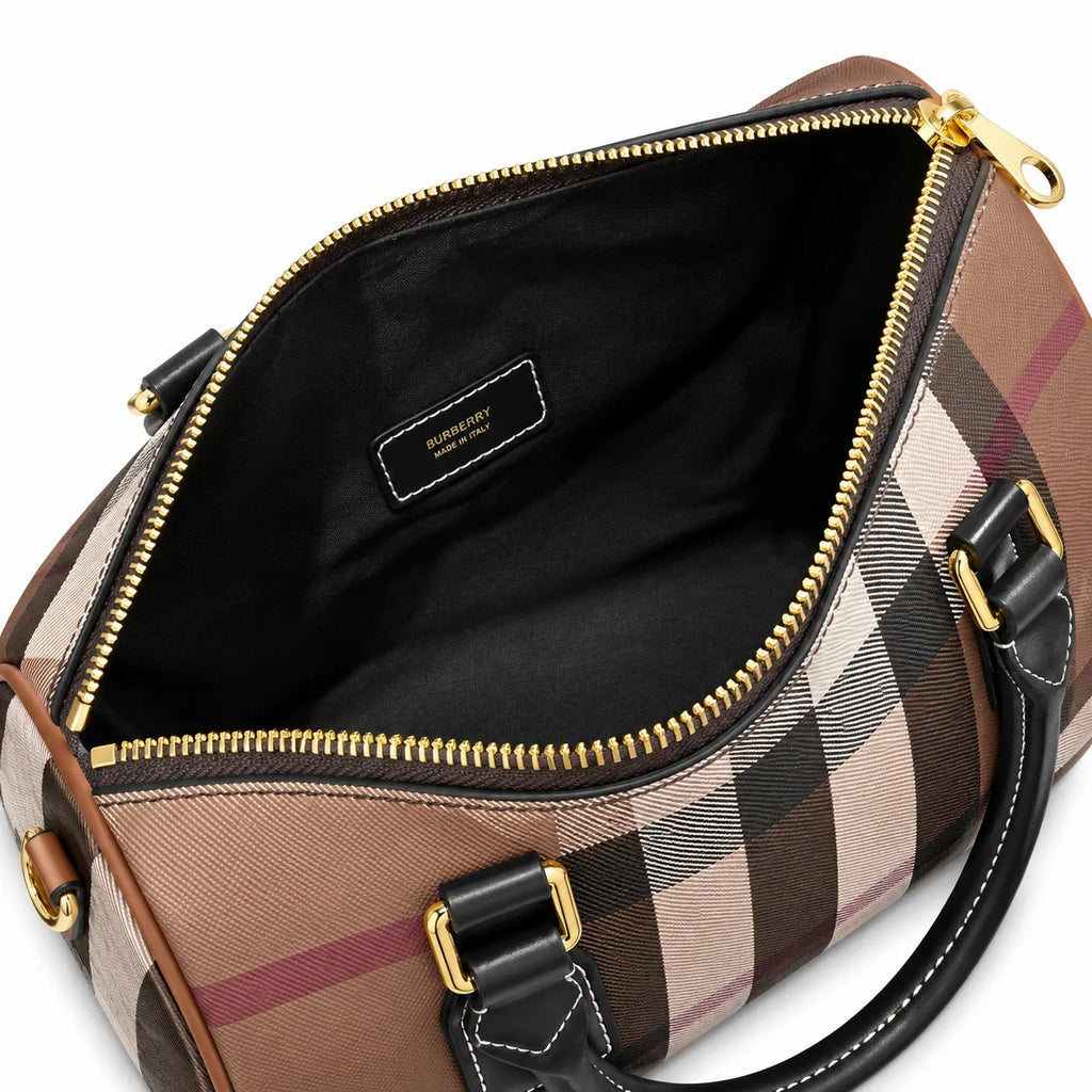 Burberry Mini Boston Bowling Bag Deep Birch Brown Check | Black Calfskin Leather Handle Adjustable Strap Luxury Handbag Women's