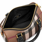 Burberry Mini Boston Bowling Bag Deep Birch Brown Check | Black Calfskin Leather Handle Adjustable Strap Luxury Handbag Women's