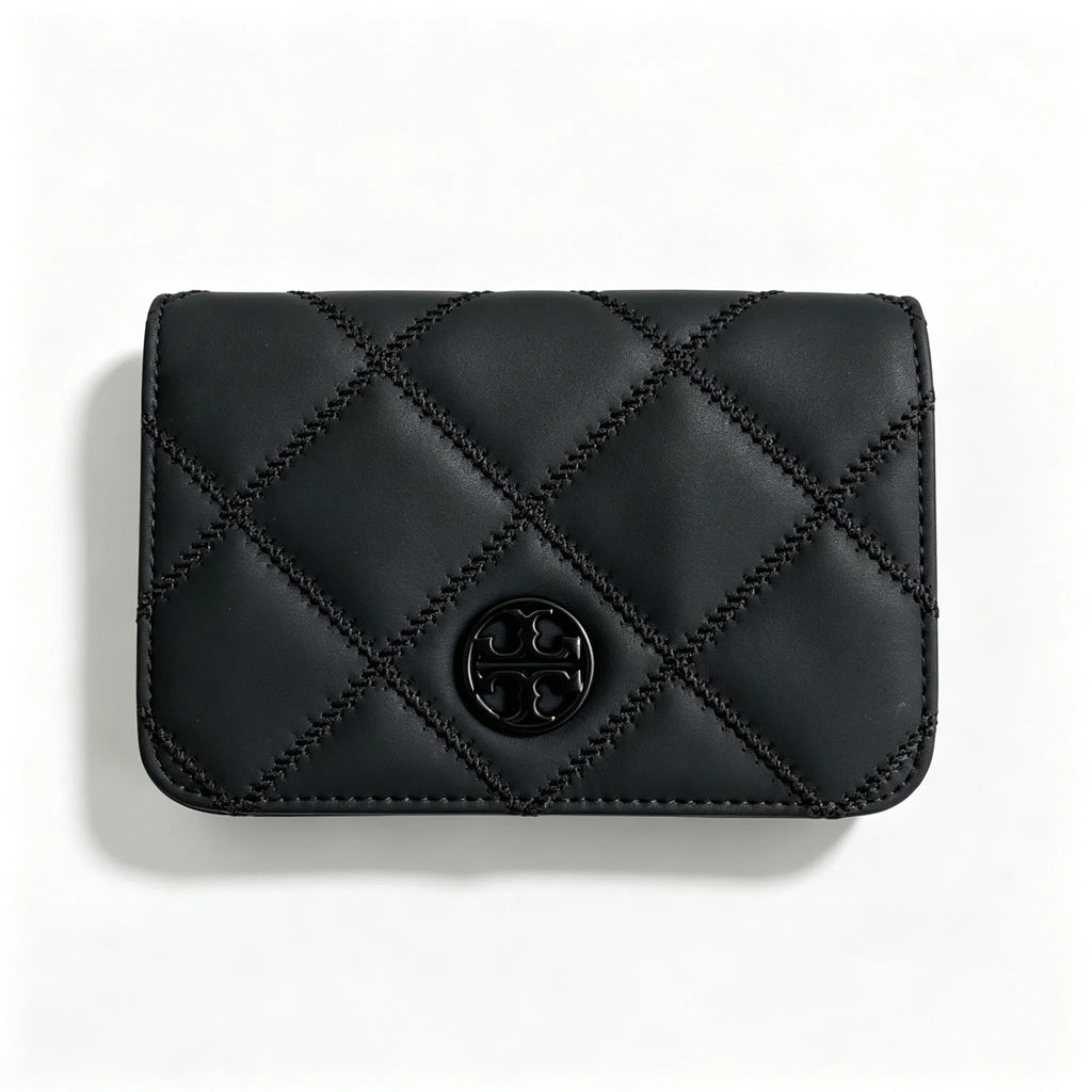 Tory Burch Willa black quilted leather wallet with multiple card slots and a zippered coin pocket a small m foldable women's wallet