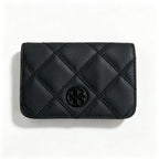 Tory Burch Willa black quilted leather wallet with multiple card slots and a zippered coin pocket a small m foldable women's wallet