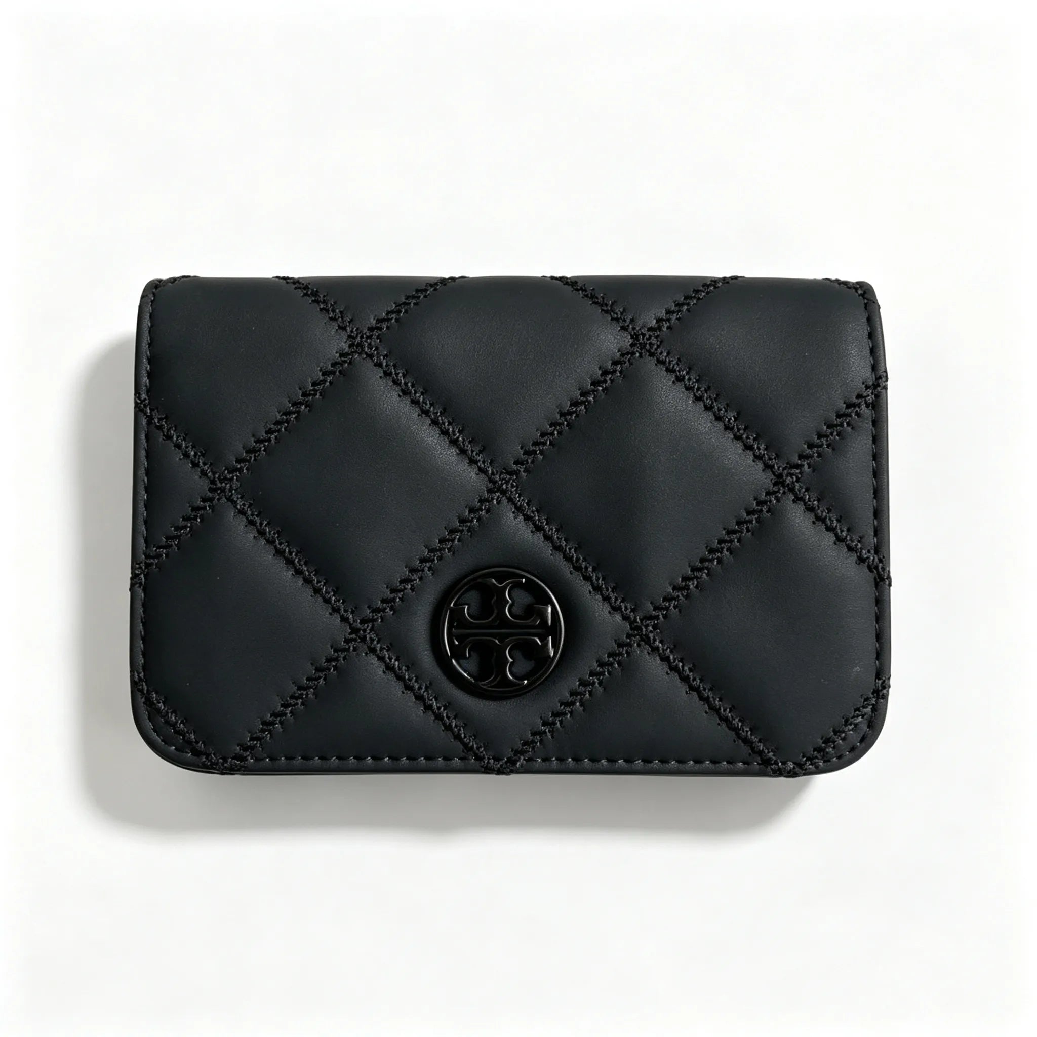 Tory Burch Willa black quilted leather wallet with multiple card slots and a zippered coin pocket a small m foldable women's wallet