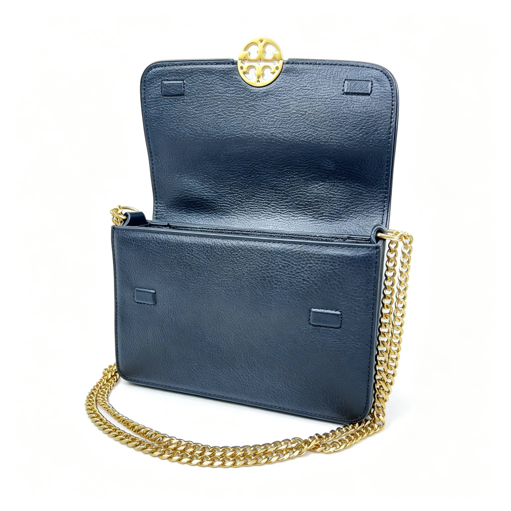 Tory Burch Chelsea | Black pebbled leather with a detachable chain and leather shoulder strap multiple carrying options women's designer handbag