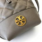 Tory Burch Willa | Grey-brown lambskin leatheradorned with a gold double-T logo detachable chain shoulder strap  drawstring closure  women's designer handbag