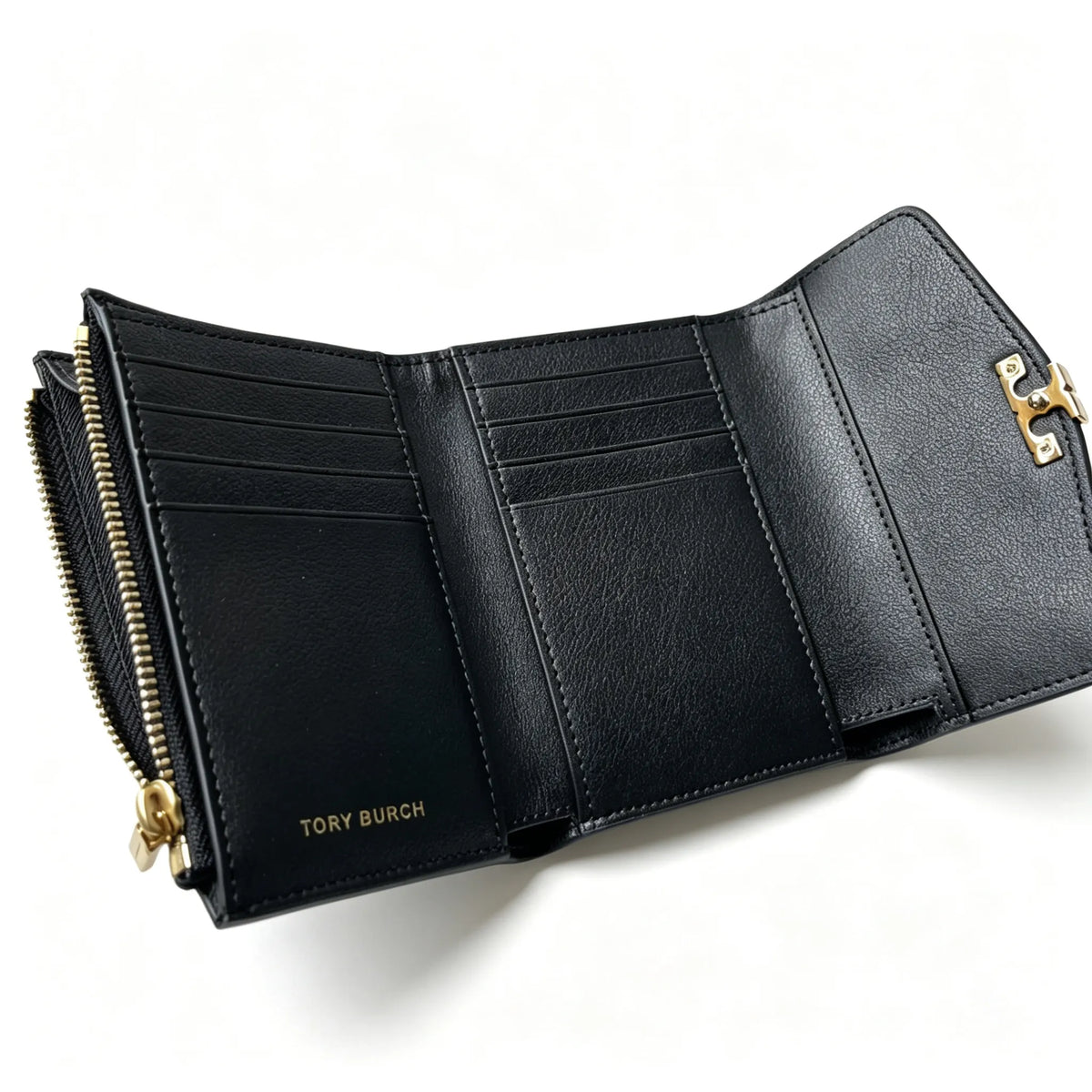 Tory Burch Kira black pebbled leather wallet multi-card slots and zippered coin pocket small and foldable women's wallet