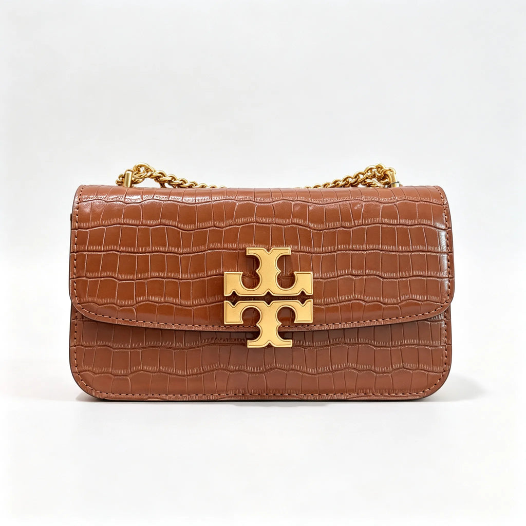 Tory Burch Eleanor tan embossed leather twisted chain shoulder strap  women's multi-way carrying option