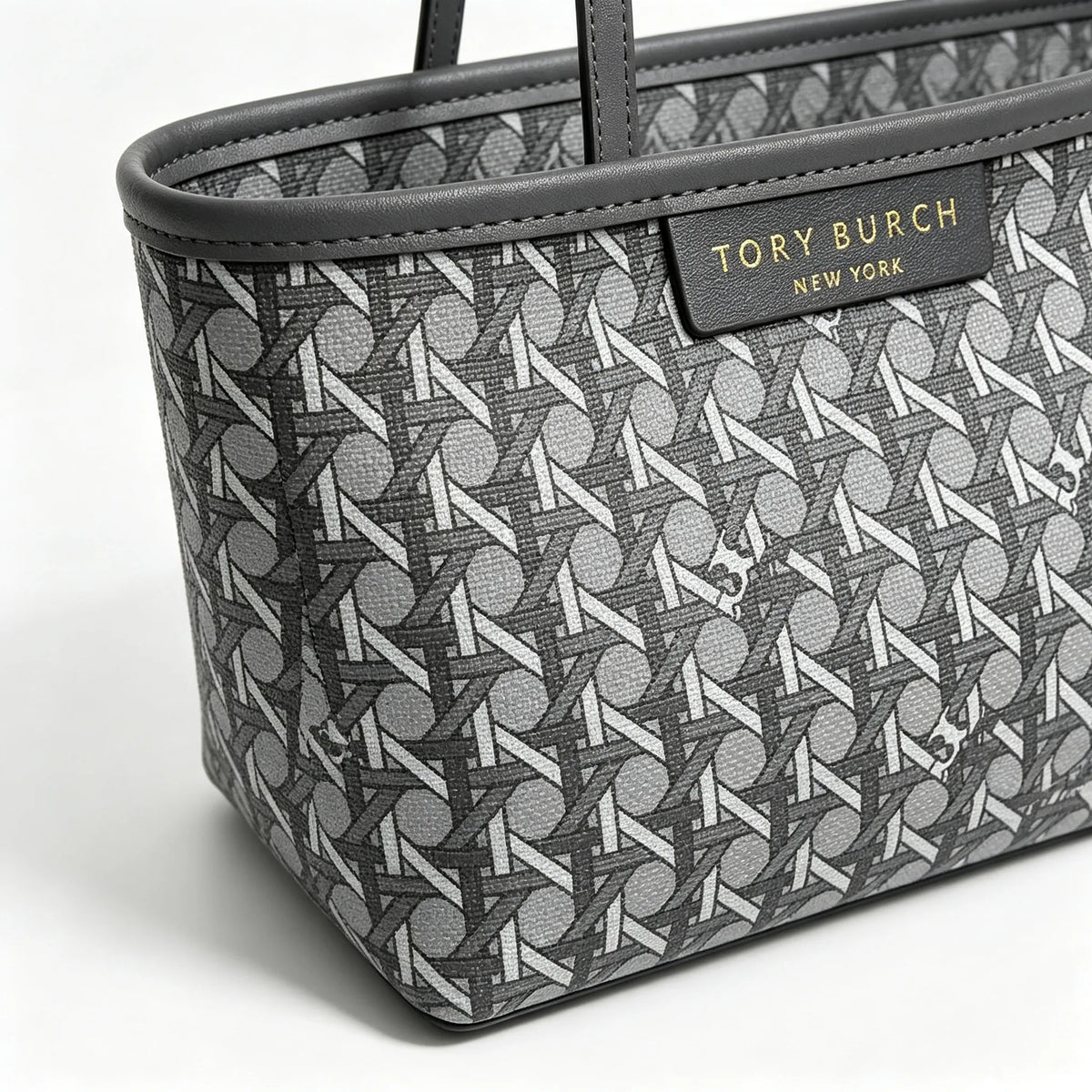 Tory Burch Ever-Ready | Grey coated canvas with woven print leather trim zip closure detachable pouch women's designer handbag